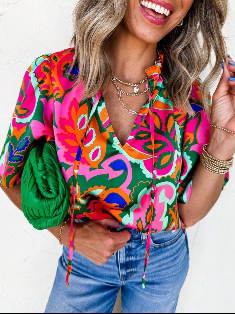 Boho Vibrant Floral V-Neck Top Blouse Shirt Pink